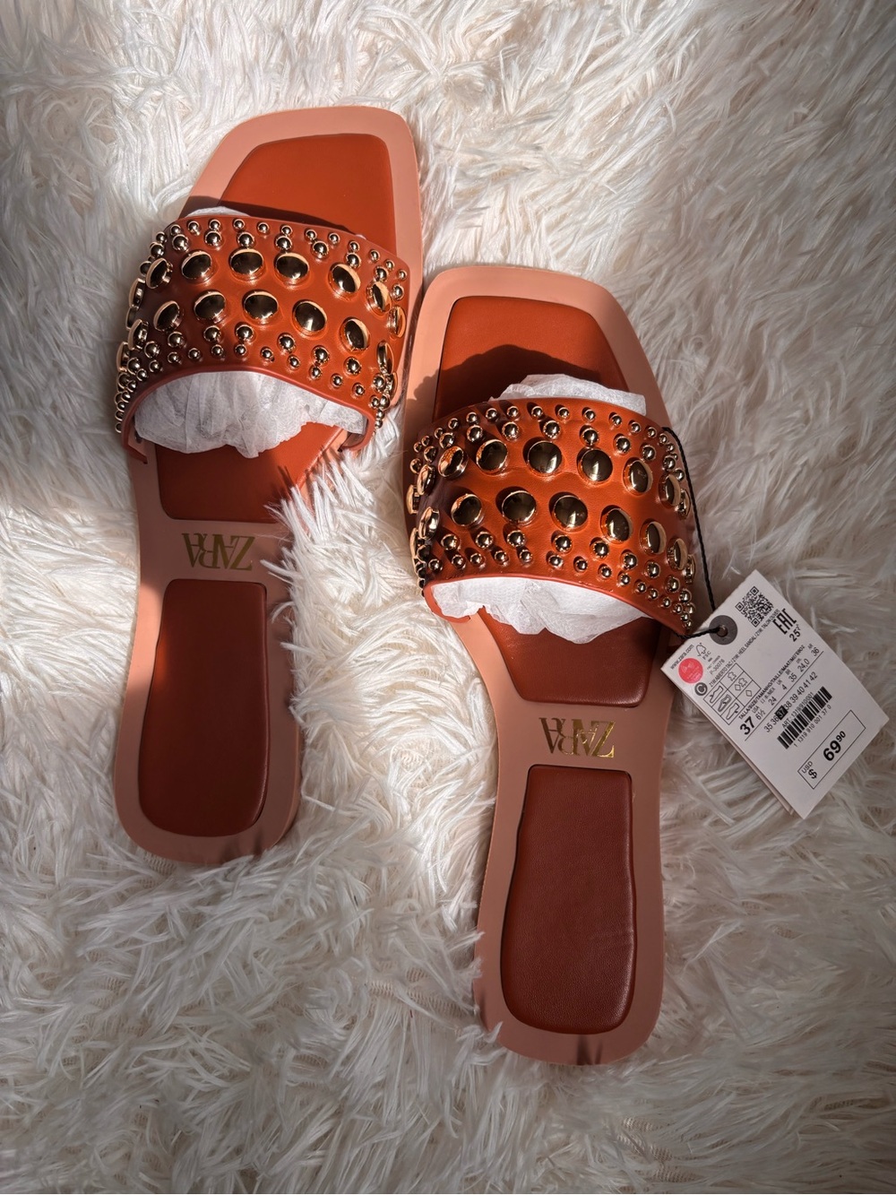 ZARA Orange Brown Studded Slide Mules